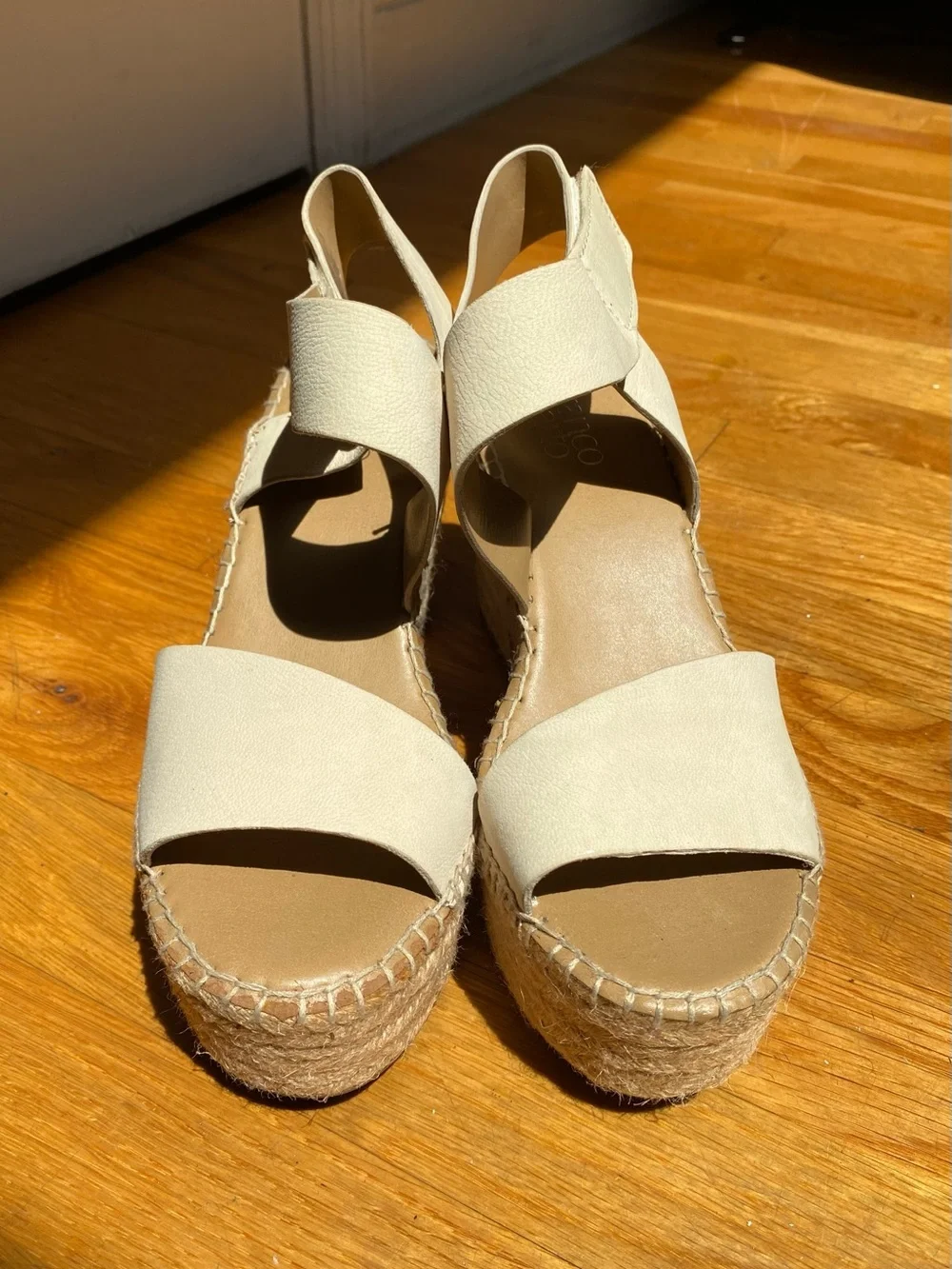 Franco Sarto Cream Bone Leather Ankle Strap Platform Wedges Size 7.5